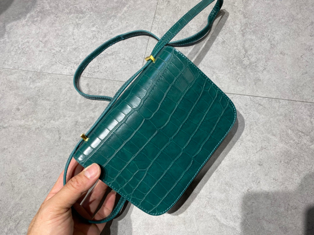 Emerald Green Crocodile Embossed Crossbody Bag with Gold H-Clasp