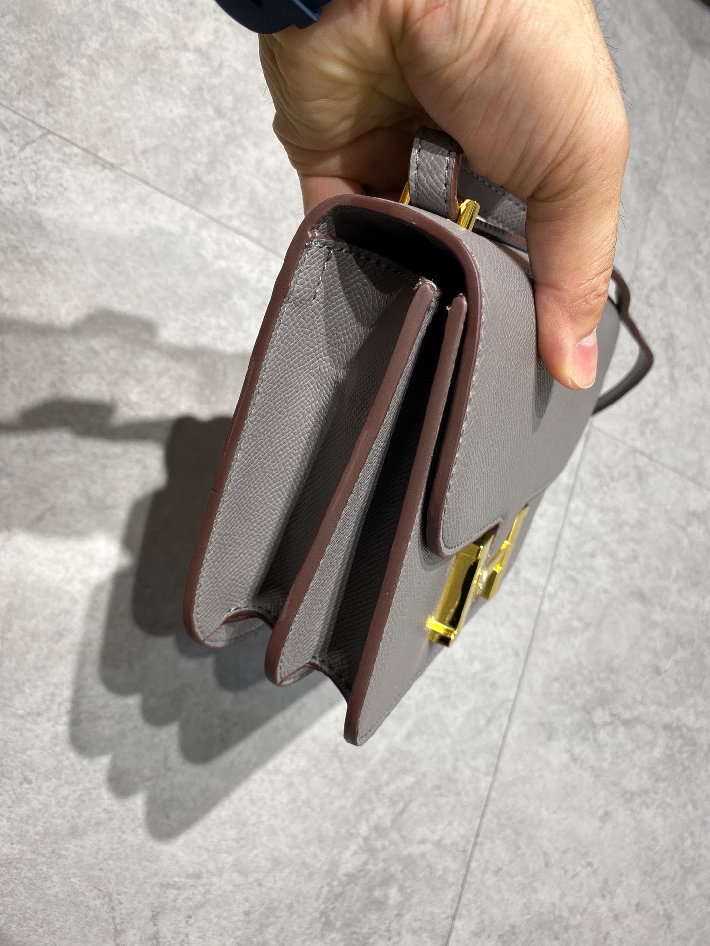 Hermes Constance Gray Leather Shoulder Bag with Gold Hardware