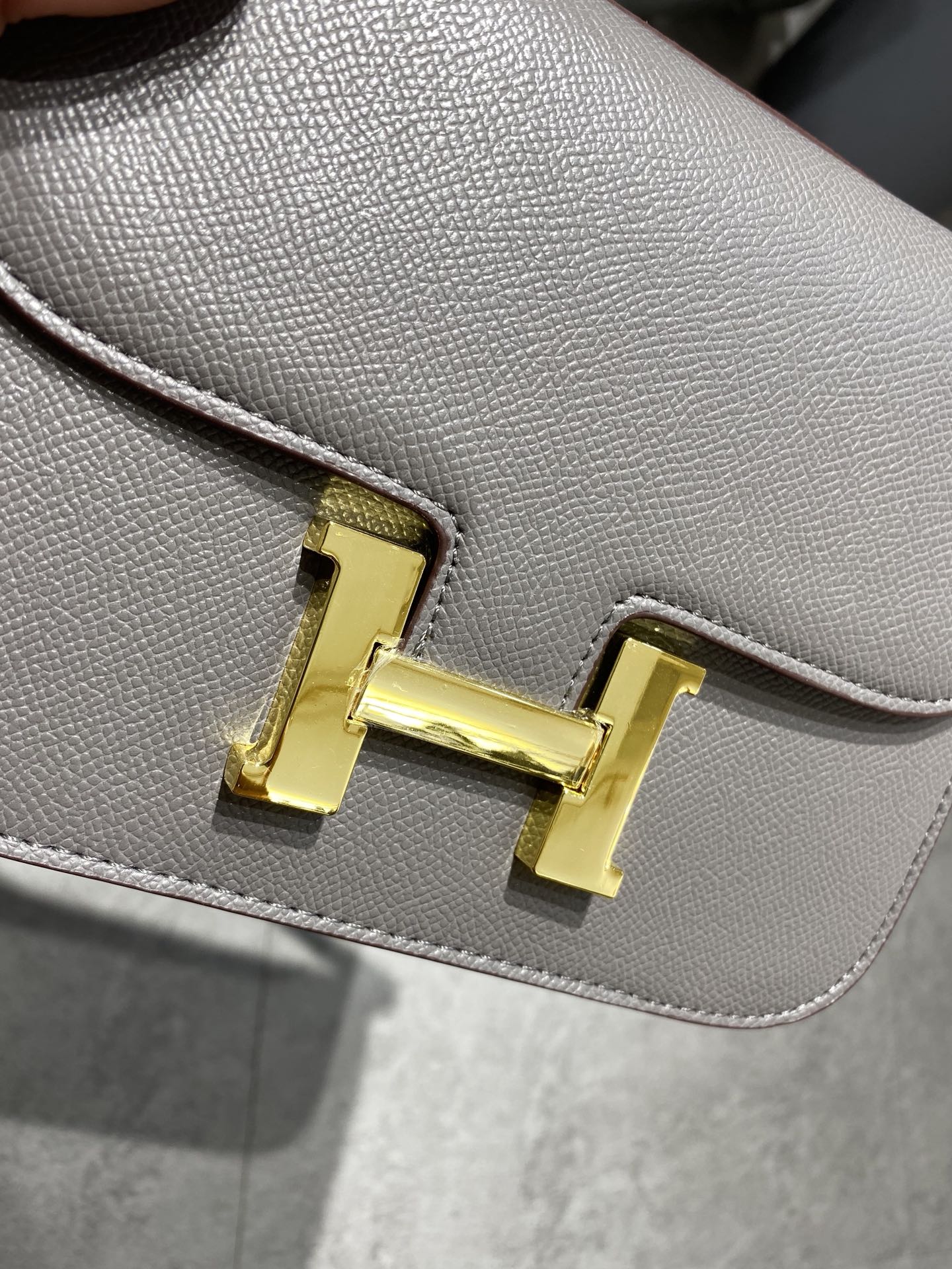 Hermes Constance Gray Leather Shoulder Bag with Gold Hardware