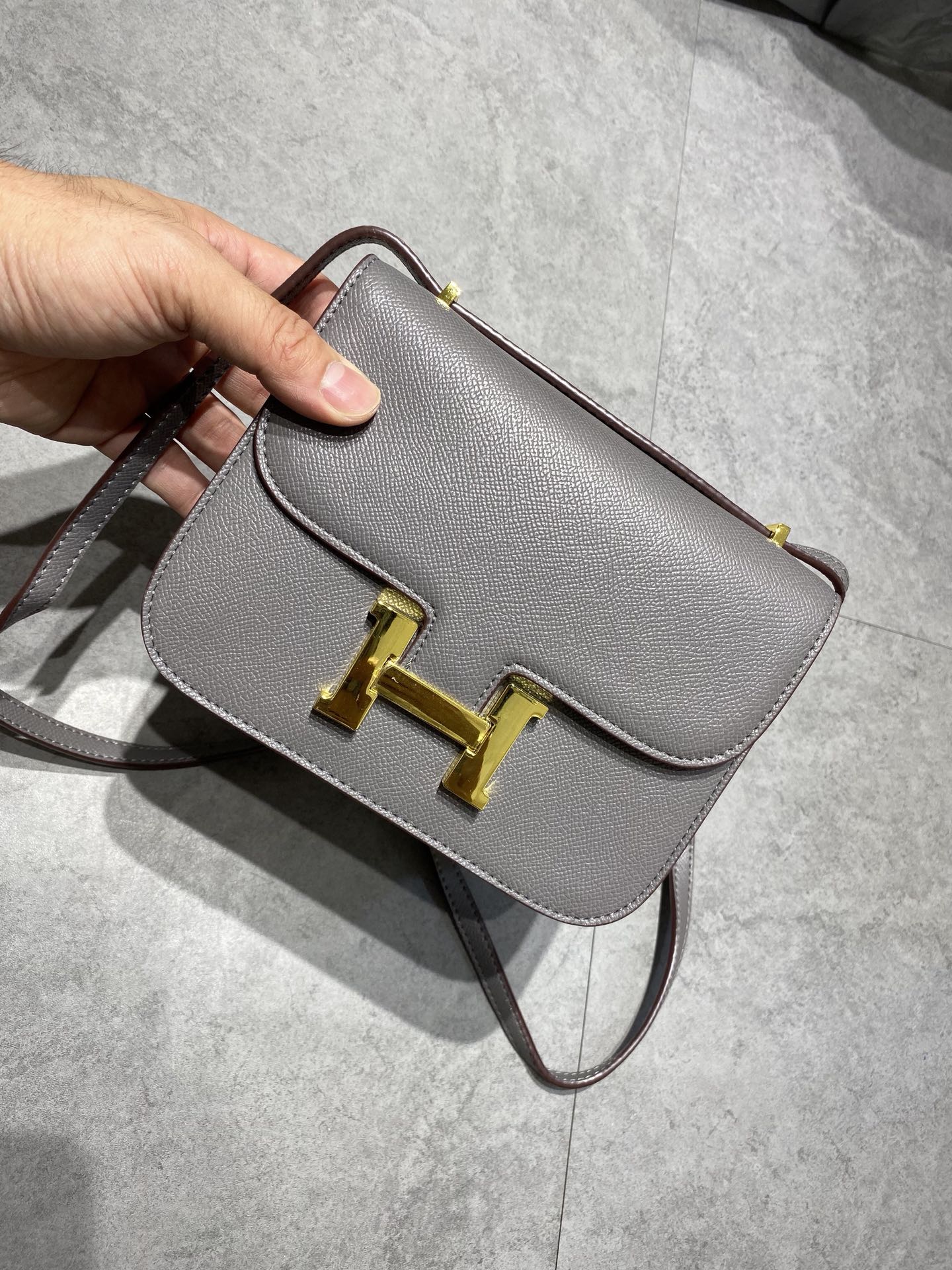 Hermes Constance Gray Leather Shoulder Bag with Gold Hardware