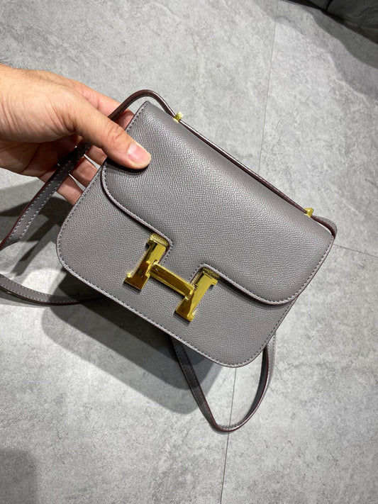 Hermes Constance Gray Leather Shoulder Bag with Gold Hardware