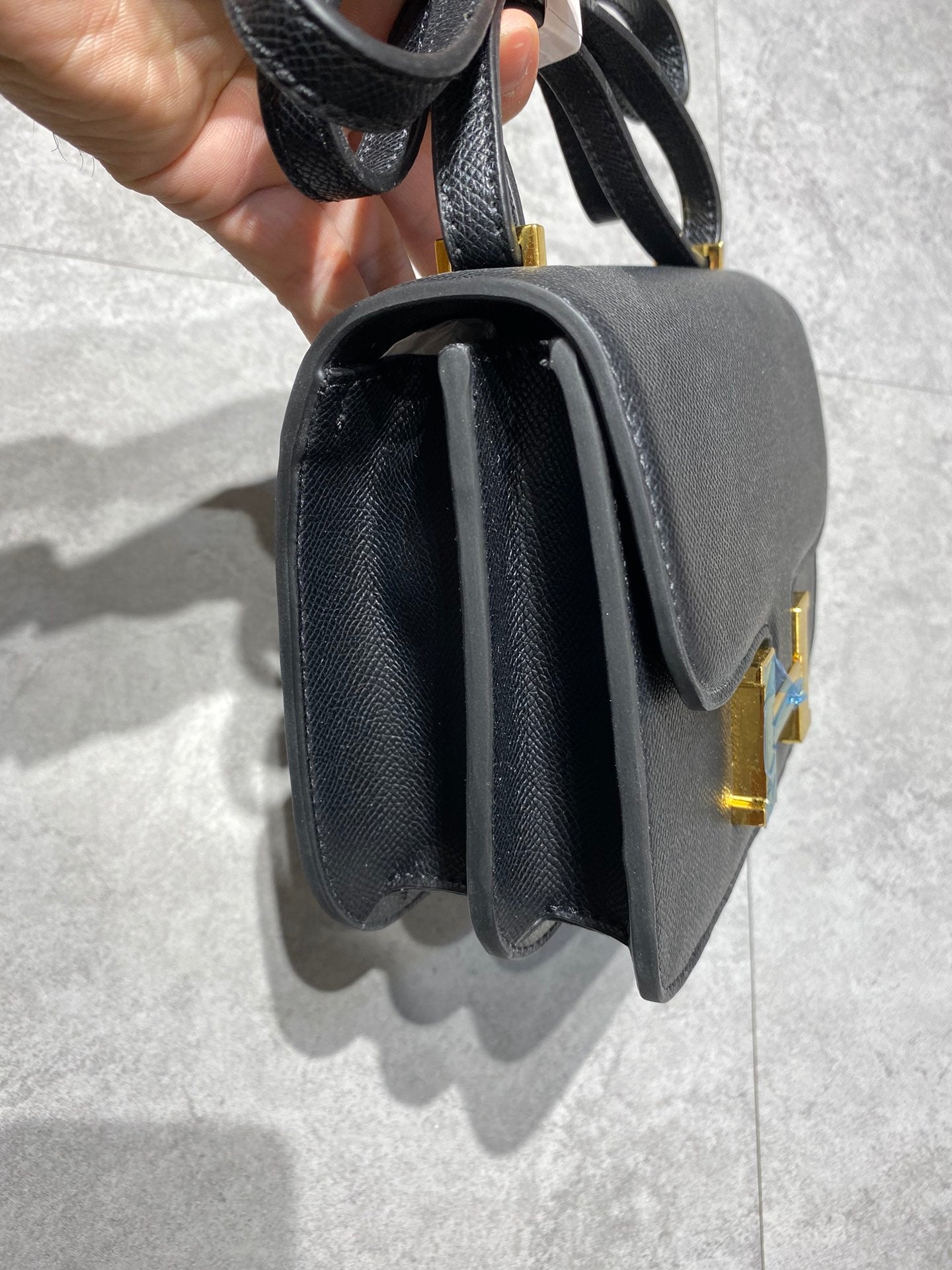 Women's Black Textured Leather Mini Crossbody Bag with Gold H-Clasp