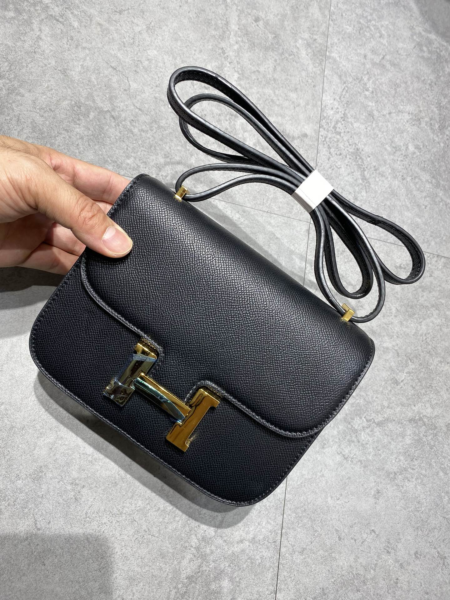 Women's Black Textured Leather Mini Crossbody Bag with Gold H-Clasp