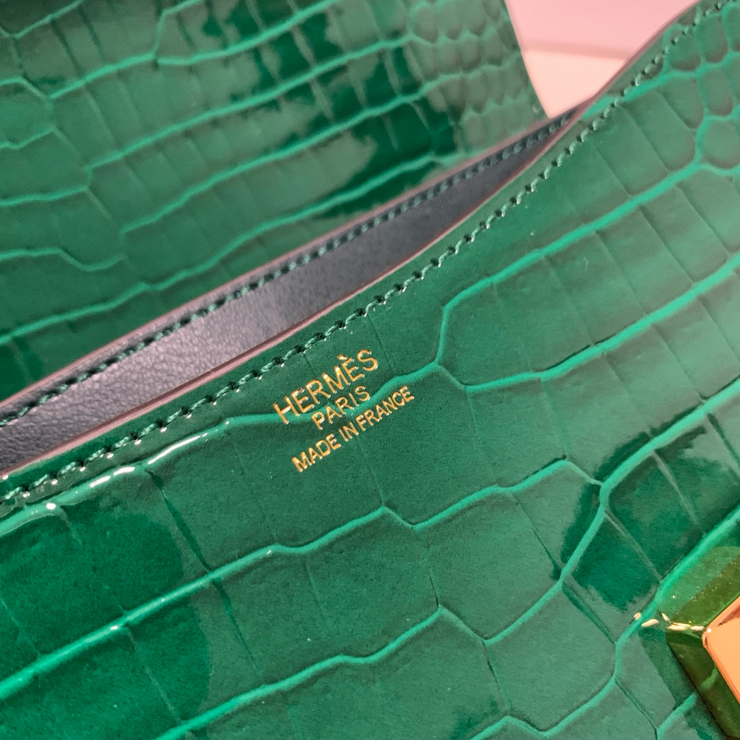 Emerald Green Crocodile Embossed Crossbody Bag with Gold H-Clasp