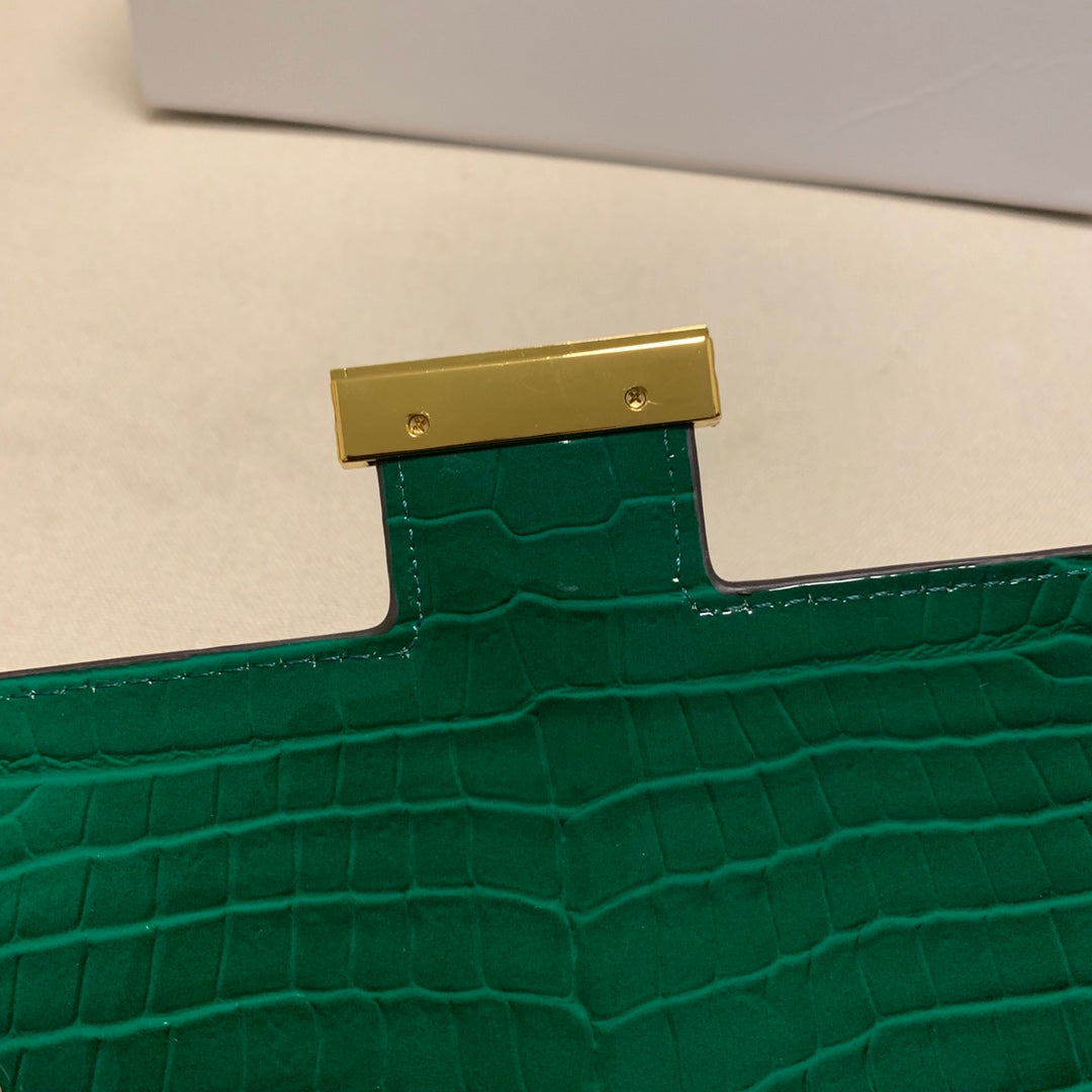 Emerald Green Crocodile Embossed Crossbody Bag with Gold H-Clasp