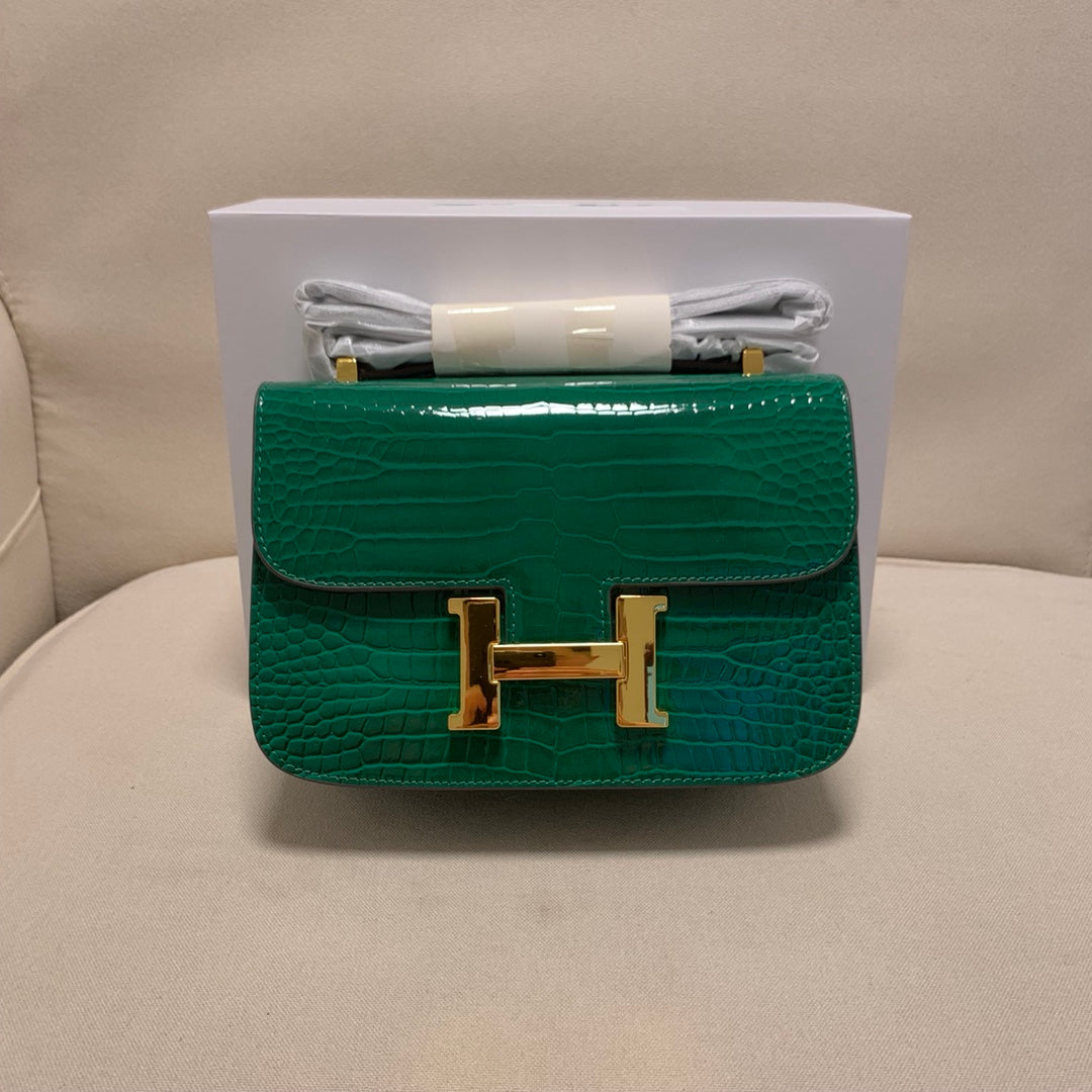 Emerald Green Crocodile Embossed Crossbody Bag with Gold H-Clasp