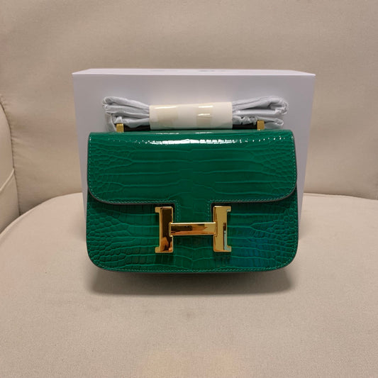 Emerald Green Crocodile Embossed Crossbody Bag with Gold H-Clasp