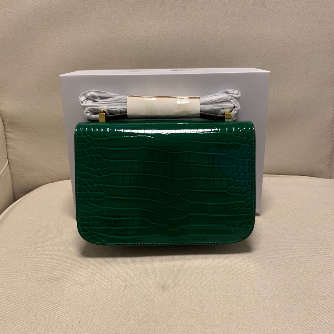 Emerald Green Crocodile Embossed Crossbody Bag with Gold H-Clasp