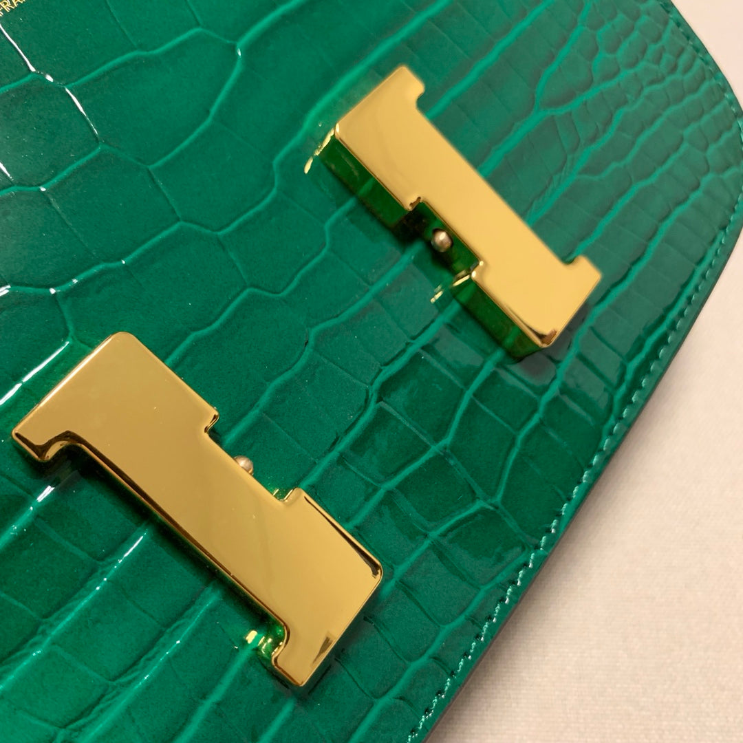 Emerald Green Crocodile Embossed Crossbody Bag with Gold H-Clasp