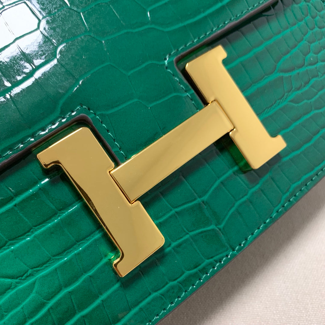 Emerald Green Crocodile Embossed Crossbody Bag with Gold H-Clasp