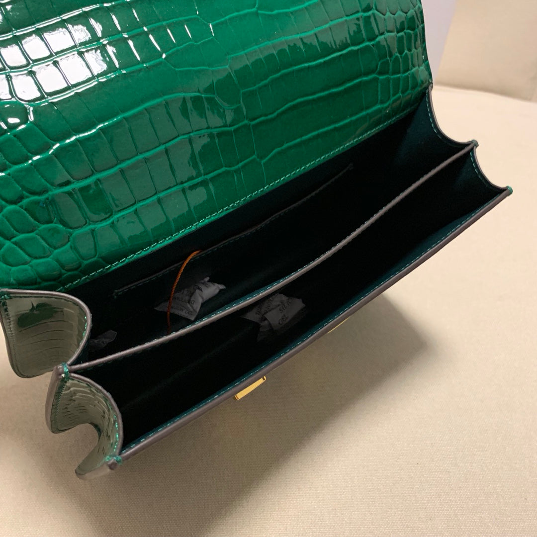 Emerald Green Crocodile Embossed Crossbody Bag with Gold H-Clasp