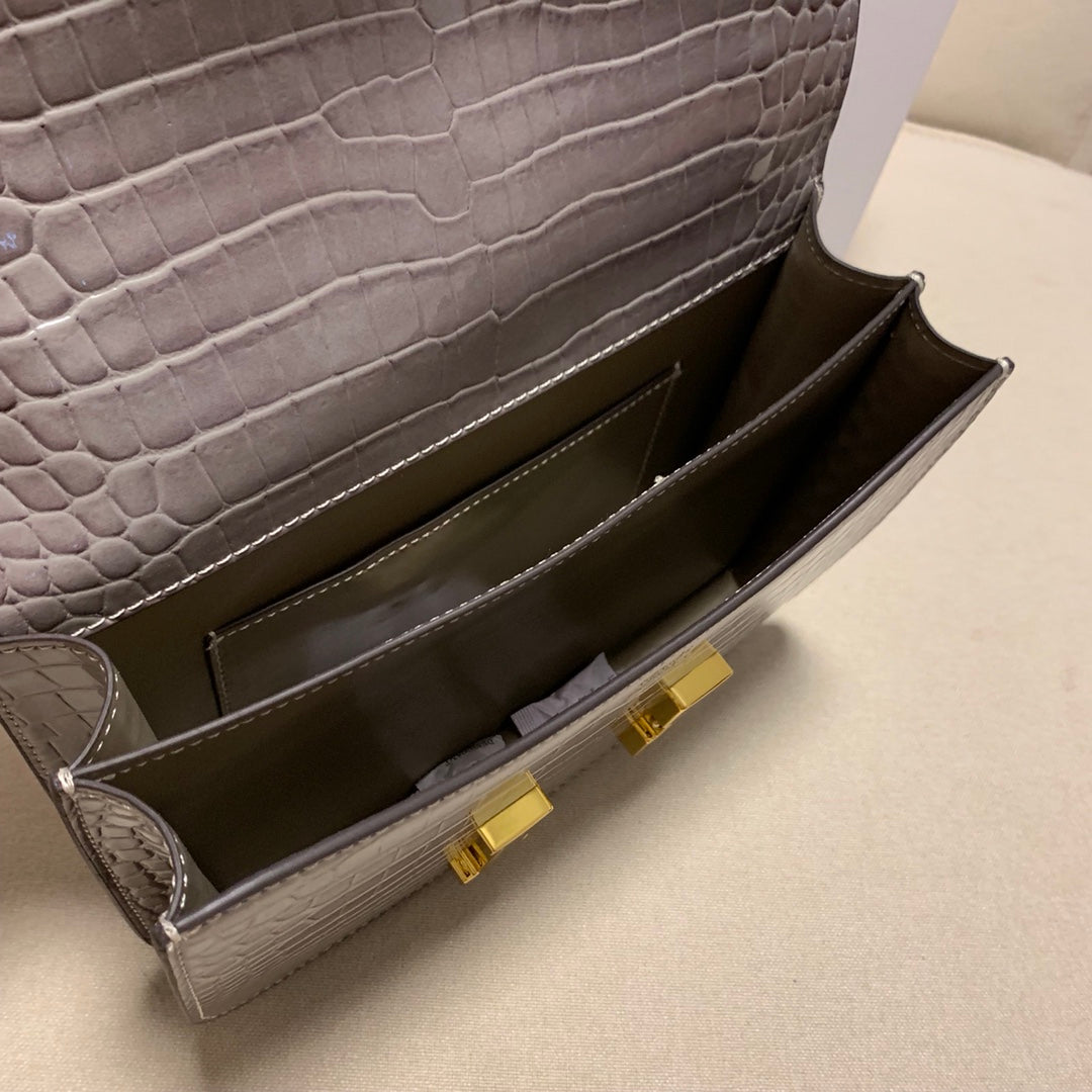 Luxury Grey Crocodile Pattern Handbag with Gold H-Clasp - Elegant Mini Crossbody Bag