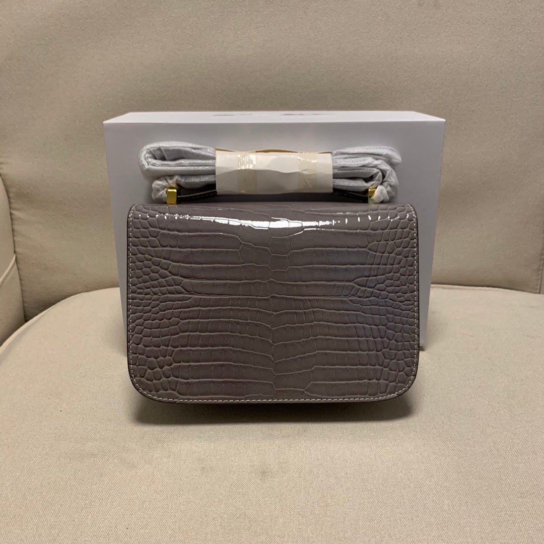 Luxury Grey Crocodile Pattern Handbag with Gold H-Clasp - Elegant Mini Crossbody Bag