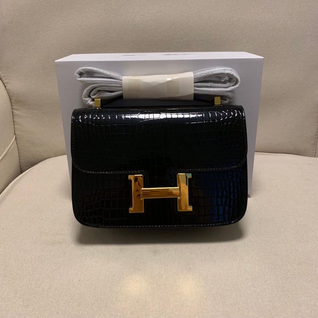 Luxury Black Crocodile Embossed Crossbody Bag with Gold H Buckle