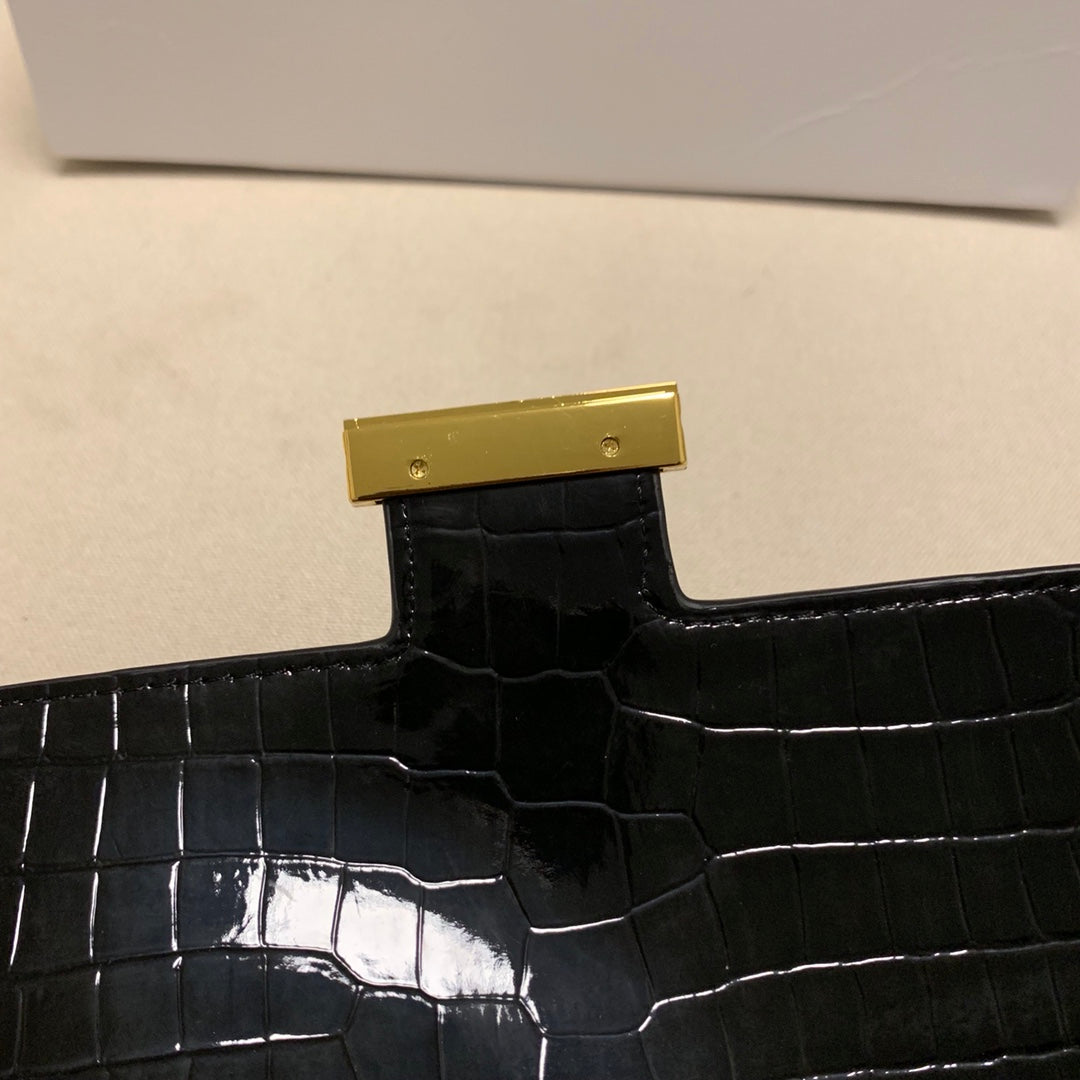 Luxury Black Crocodile Embossed Crossbody Bag with Gold H Buckle