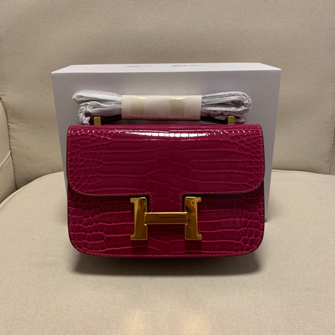 Luxury Fuchsia Pink Crocodile Embossed Leather Shoulder Bag with Gold H Buckle
