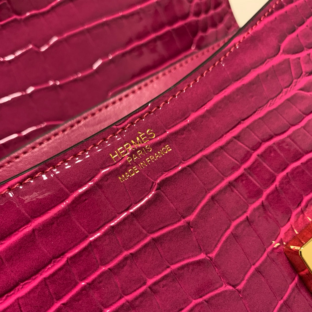 Luxury Fuchsia Pink Crocodile Embossed Leather Shoulder Bag with Gold H Buckle