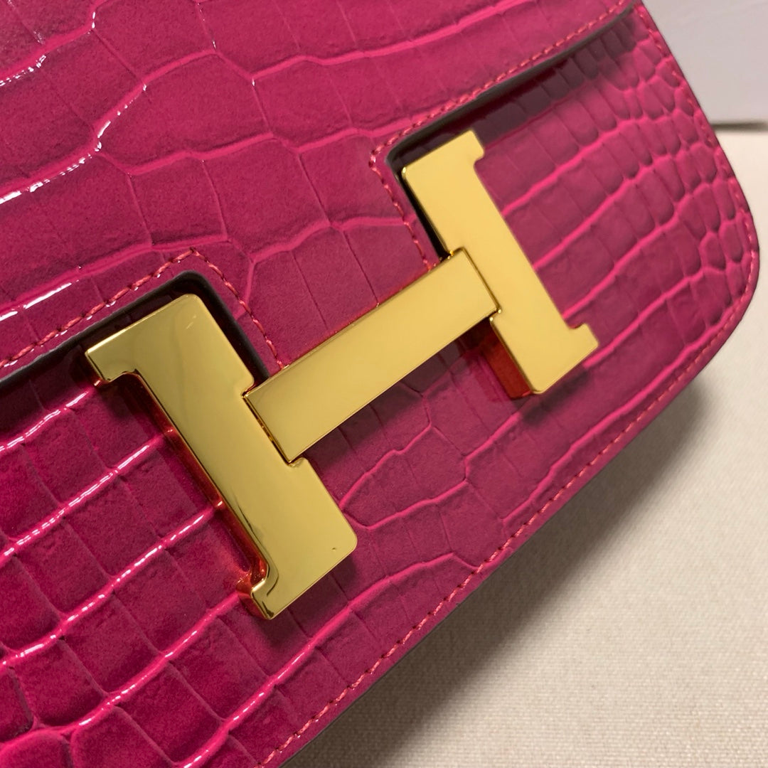 Luxury Fuchsia Pink Crocodile Embossed Leather Shoulder Bag with Gold H Buckle