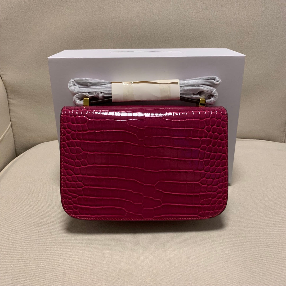 Luxury Fuchsia Pink Crocodile Embossed Leather Shoulder Bag with Gold H Buckle