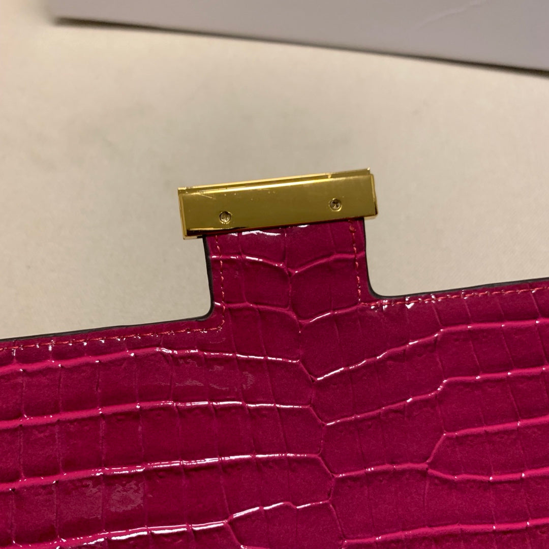 Luxury Fuchsia Pink Crocodile Embossed Leather Shoulder Bag with Gold H Buckle