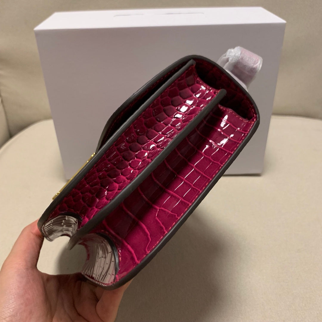 Luxury Fuchsia Pink Crocodile Embossed Leather Shoulder Bag with Gold H Buckle