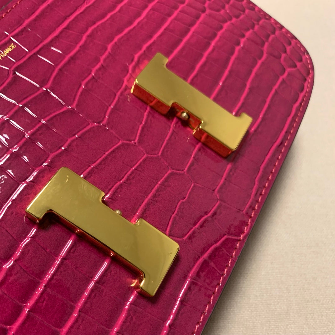 Luxury Fuchsia Pink Crocodile Embossed Leather Shoulder Bag with Gold H Buckle