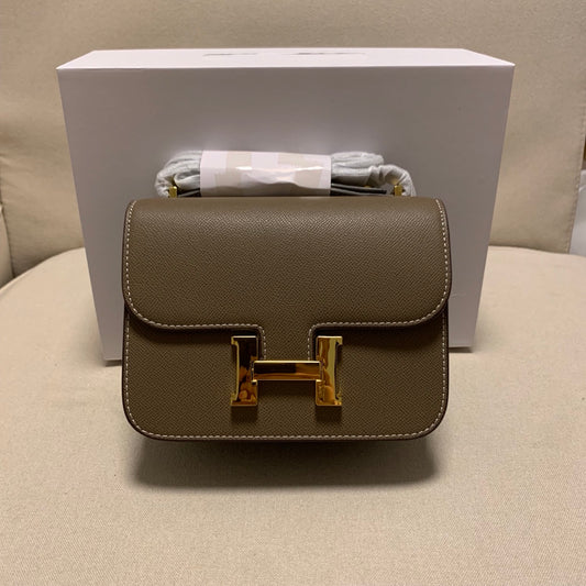 Classic Leather Flap Shoulder Bag with Gold H-Logo Clasp - Taupe Brown