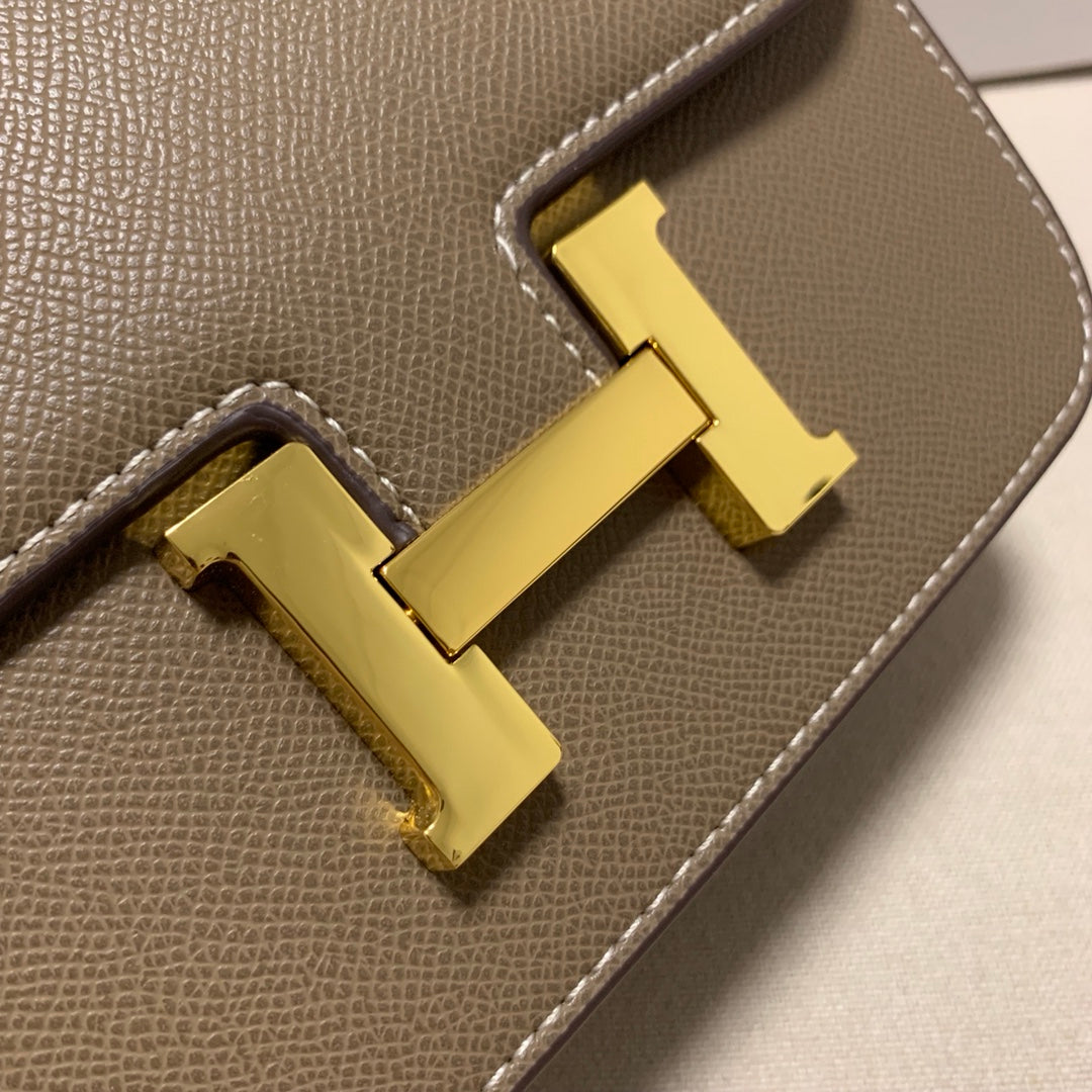 Classic Leather Flap Shoulder Bag with Gold H-Logo Clasp - Taupe Brown