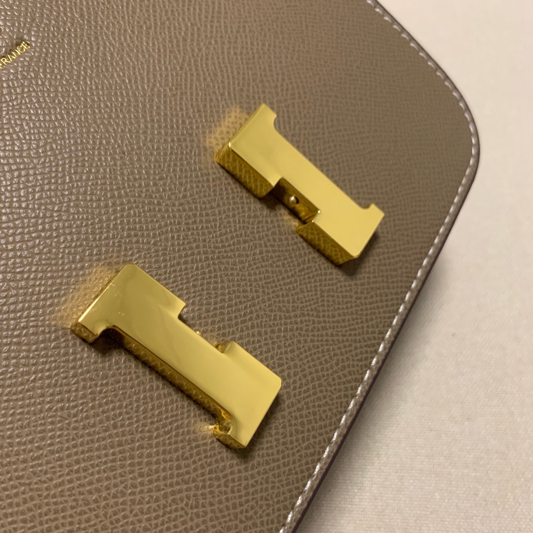Classic Leather Flap Shoulder Bag with Gold H-Logo Clasp - Taupe Brown