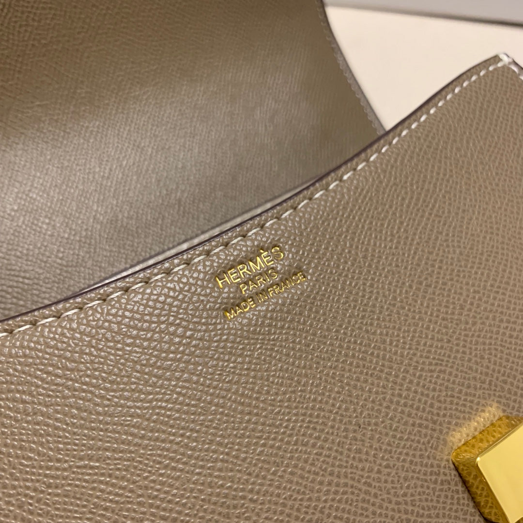 Classic Leather Flap Shoulder Bag with Gold H-Logo Clasp - Taupe Brown