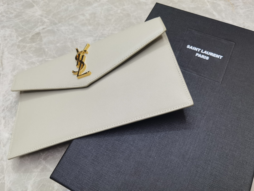 Saint Laurent Cassandre Beige Leather Envelope Pouch Clutch