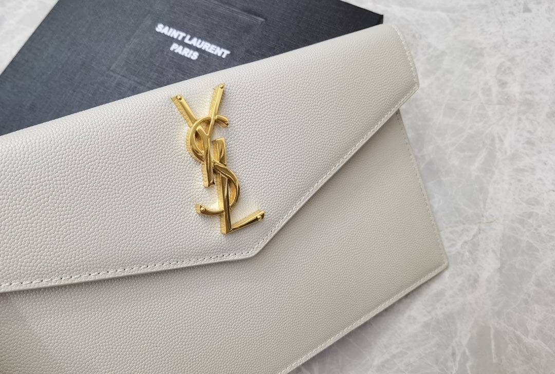 Saint Laurent Cassandre Beige Leather Envelope Pouch Clutch