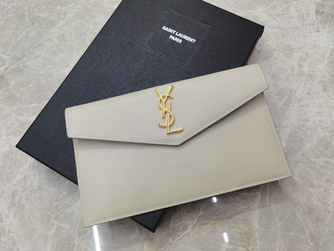 Saint Laurent Cassandre Beige Leather Envelope Pouch Clutch
