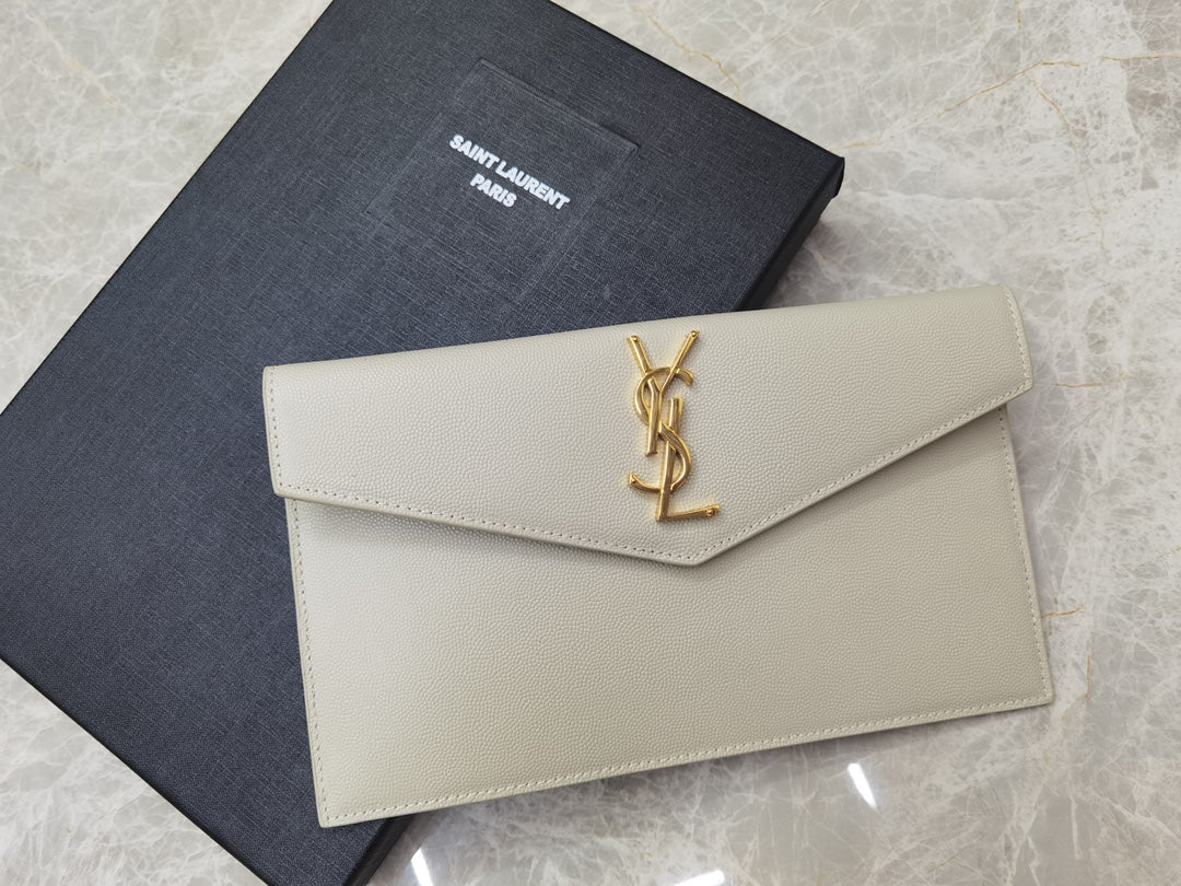 Saint Laurent Cassandre Beige Leather Envelope Pouch Clutch