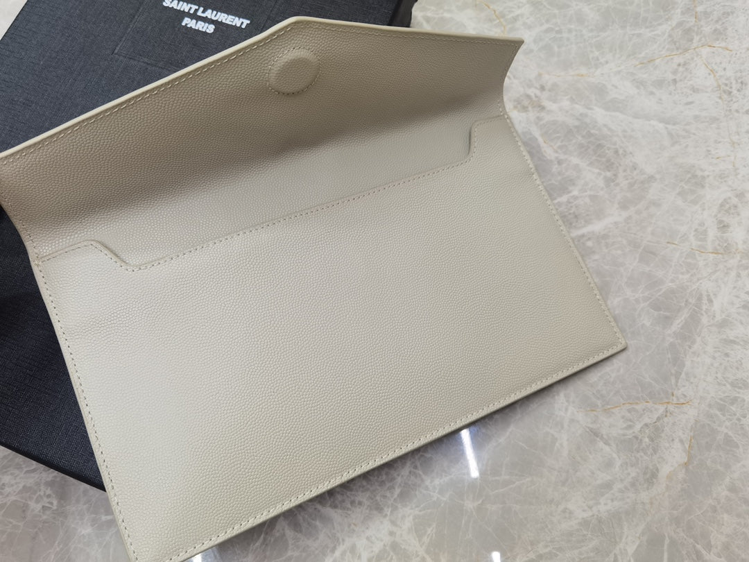 Saint Laurent Cassandre Beige Leather Envelope Pouch Clutch