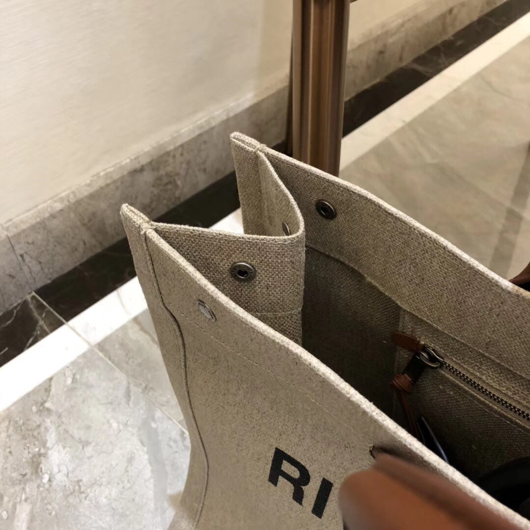 Saint Laurent Rive Gauche Large Tote Bag in Linen Canvas and Leather