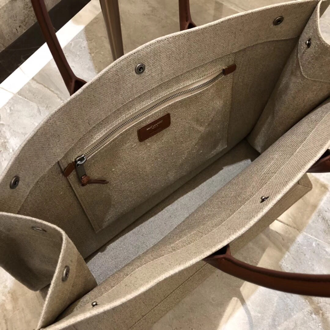 Saint Laurent Rive Gauche Large Tote Bag in Linen Canvas and Leather