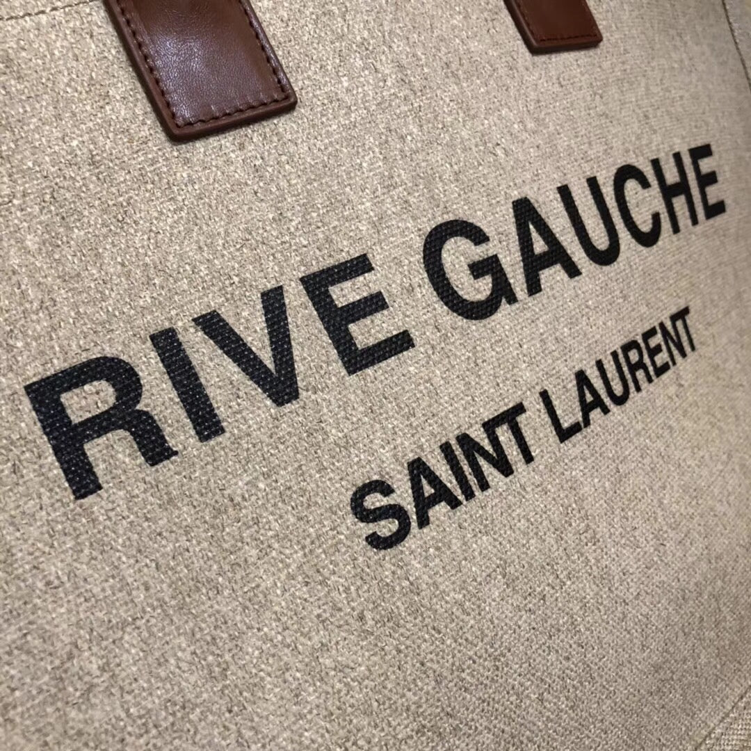 Saint Laurent Rive Gauche Large Tote Bag in Linen Canvas and Leather