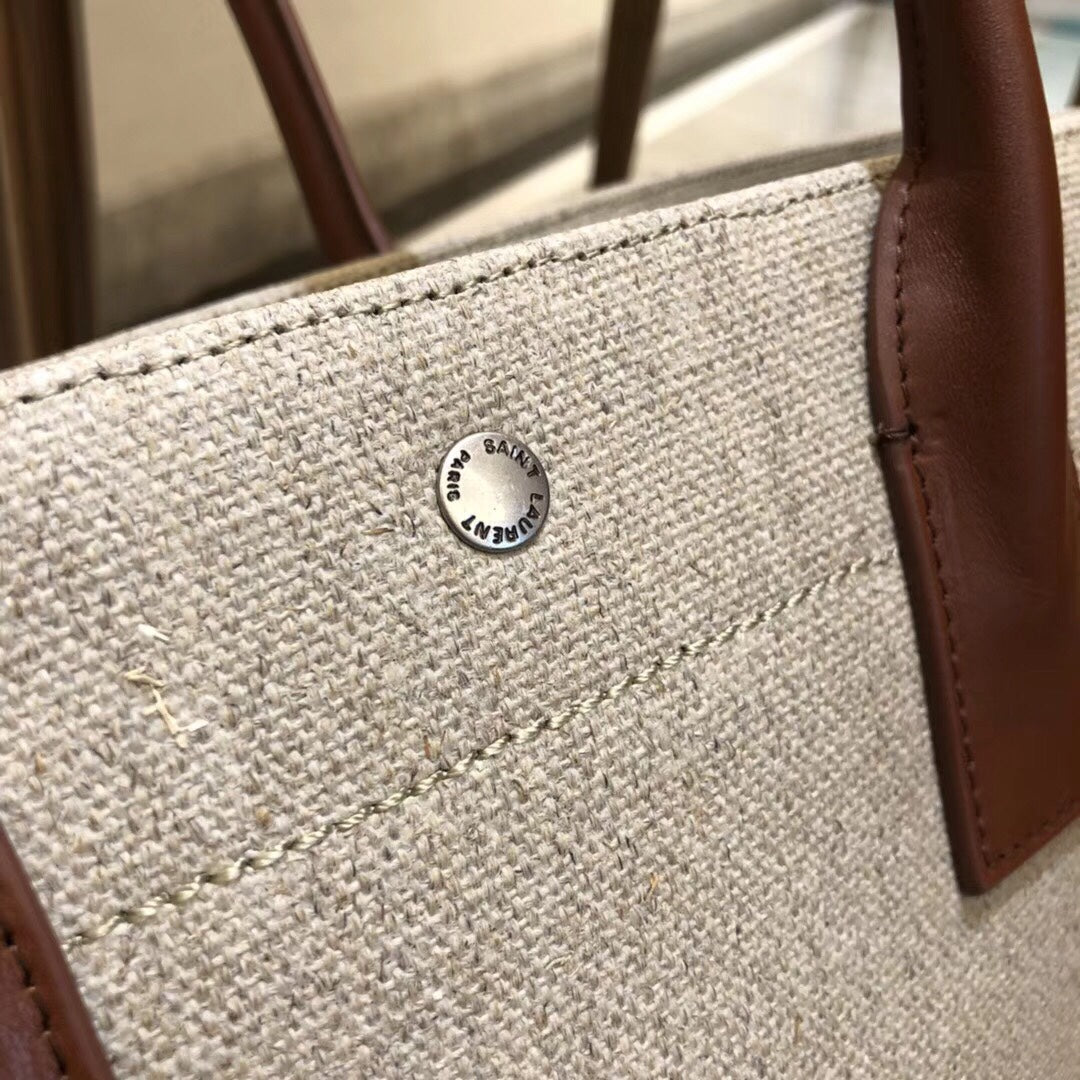 Saint Laurent Rive Gauche Large Tote Bag in Linen Canvas and Leather