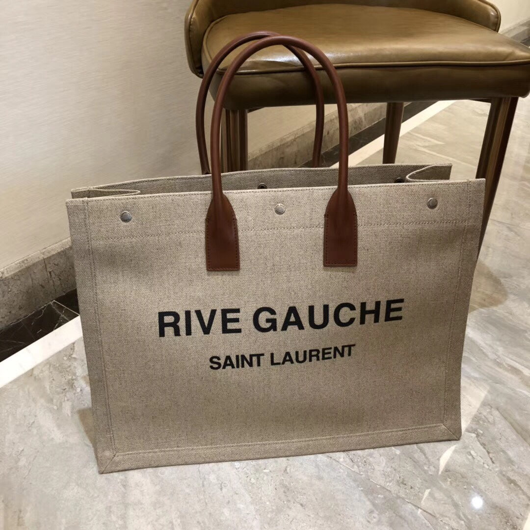 Saint Laurent Rive Gauche Large Tote Bag in Linen Canvas and Leather