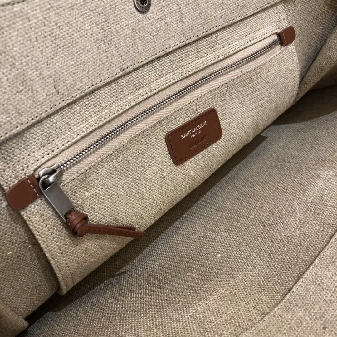 Saint Laurent Rive Gauche Large Tote Bag in Linen Canvas and Leather