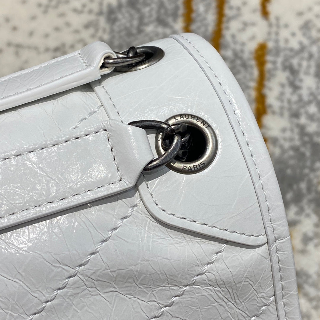 Saint Laurent Niki Baby Shoulder Bag in White Crinkled Vintage Leather - 22cm