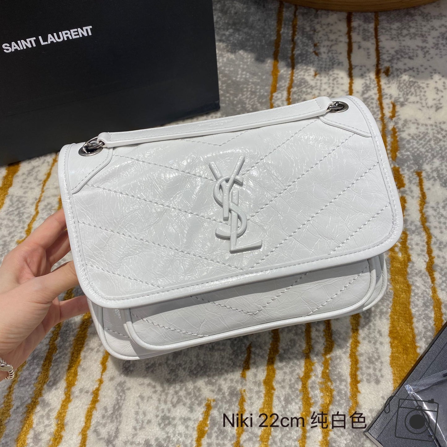 Saint Laurent Niki Baby Shoulder Bag in White Crinkled Vintage Leather - 22cm