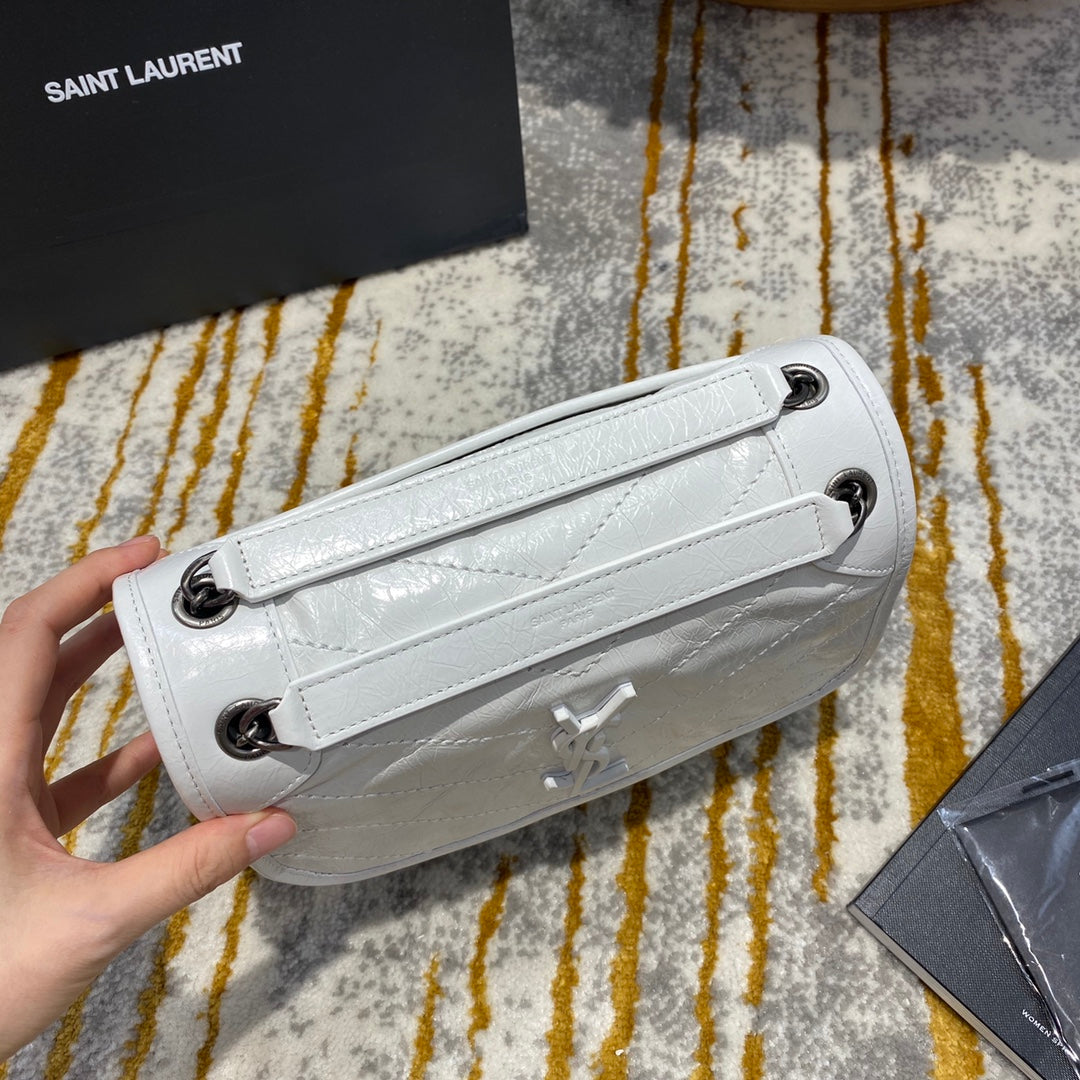 Saint Laurent Niki Baby Shoulder Bag in White Crinkled Vintage Leather - 22cm