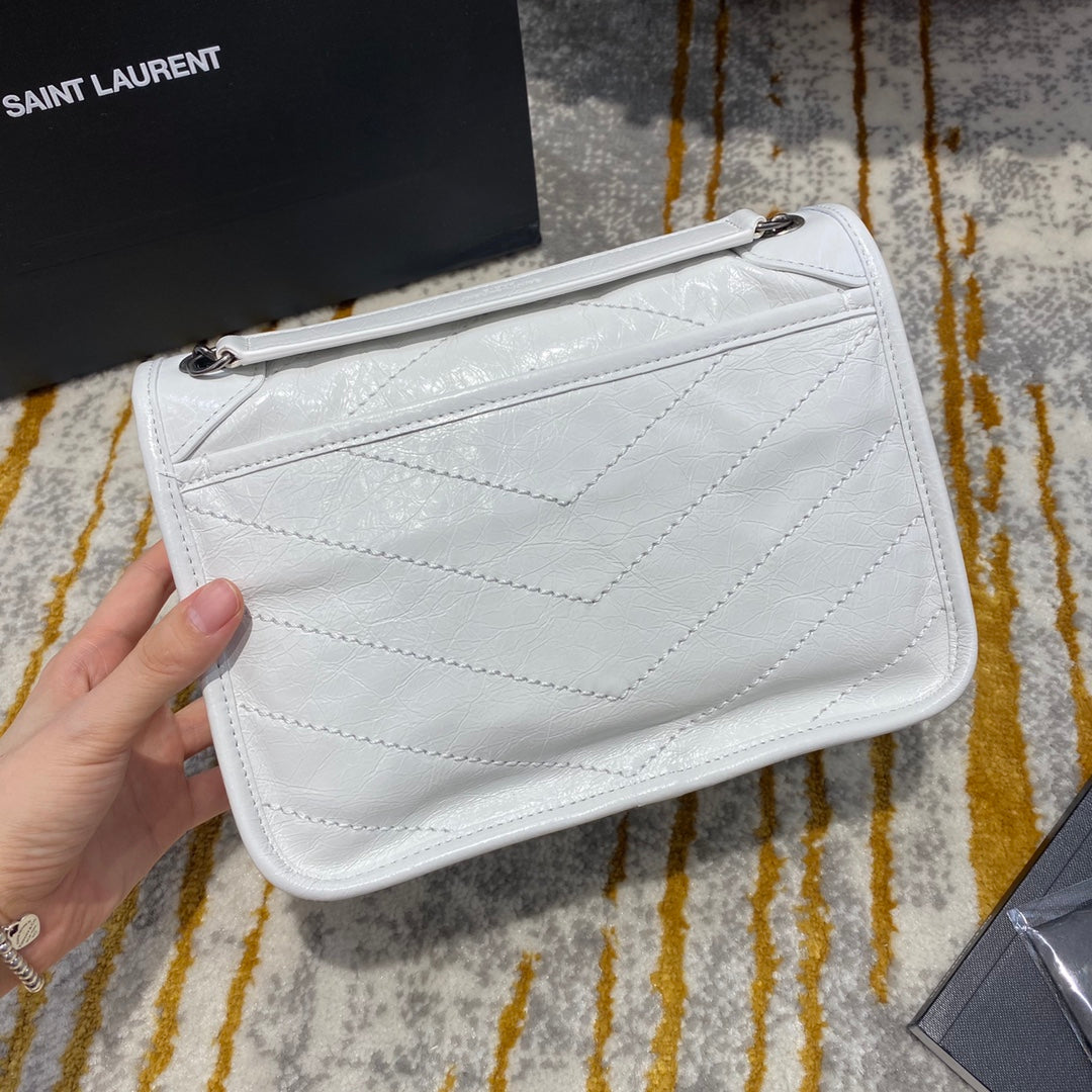 Saint Laurent Niki Baby Shoulder Bag in White Crinkled Vintage Leather - 22cm