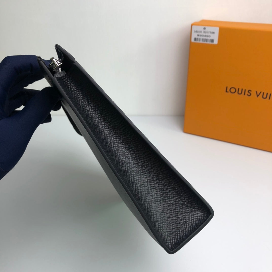 Louis Vuitton Black Textured Leather Pouch - Designer Zip Clutch Bag