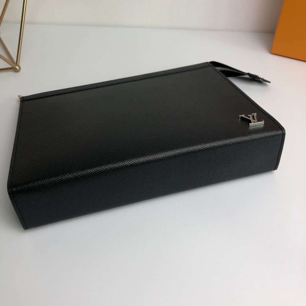 Louis Vuitton Black Textured Leather Pouch - Designer Zip Clutch Bag