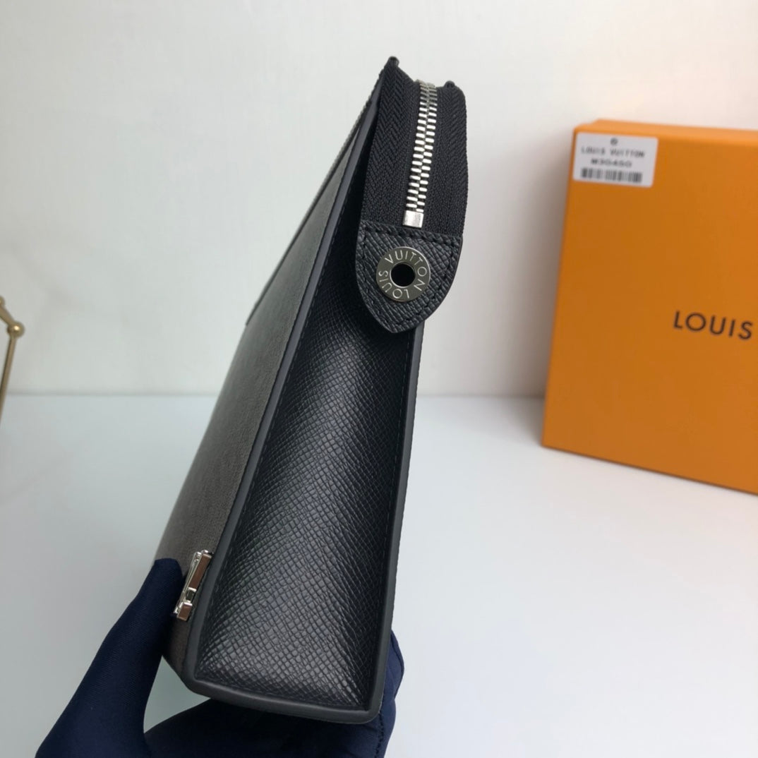 Louis Vuitton Minimalist Black Textured Leather Clutch Bag with Zipper