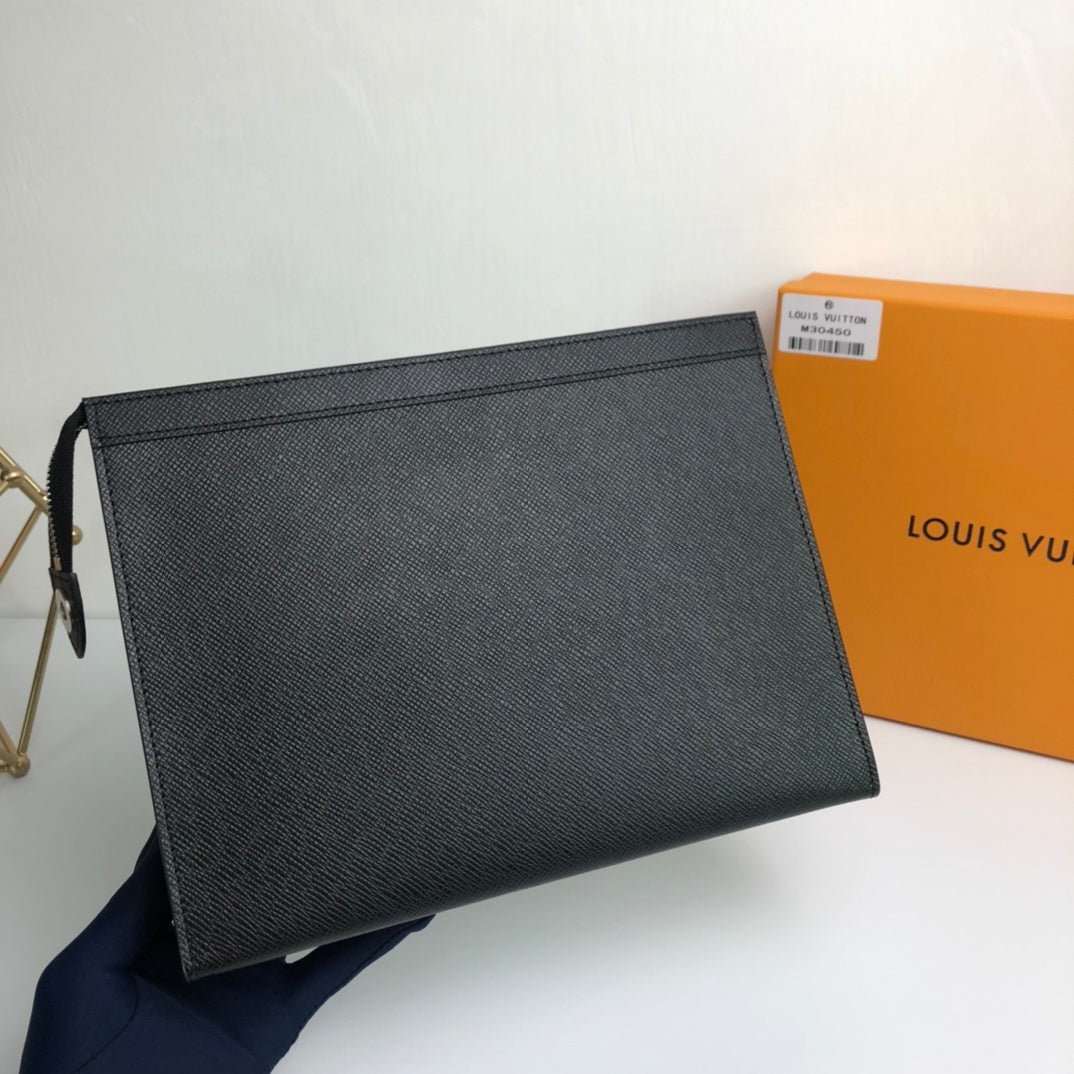 Louis Vuitton Black Textured Leather Pouch - Designer Zip Clutch Bag