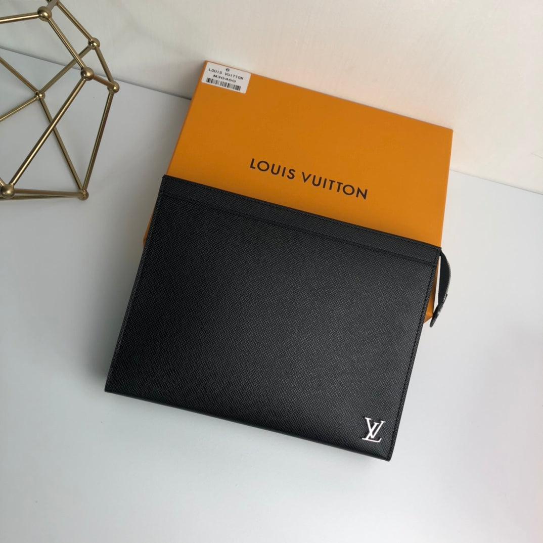 Louis Vuitton Black Textured Leather Pouch - Designer Zip Clutch Bag